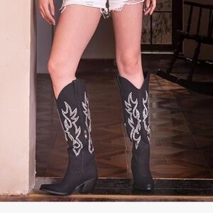 Black Western Rhinestone Knee-High Boots